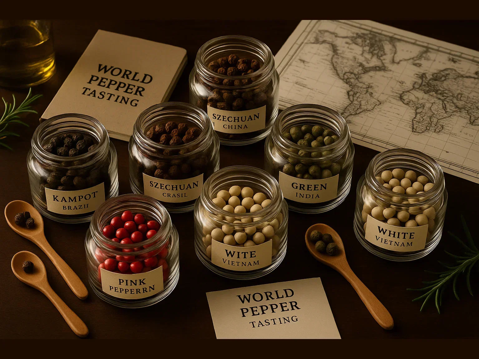 Assorted peppercorns in glass jars labeled by origin, world map and tasting cards nearby.