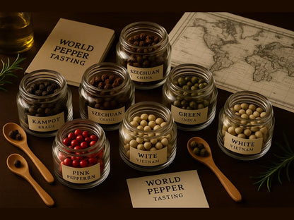 Assorted peppercorns in glass jars labeled by origin, world map and tasting cards nearby.
