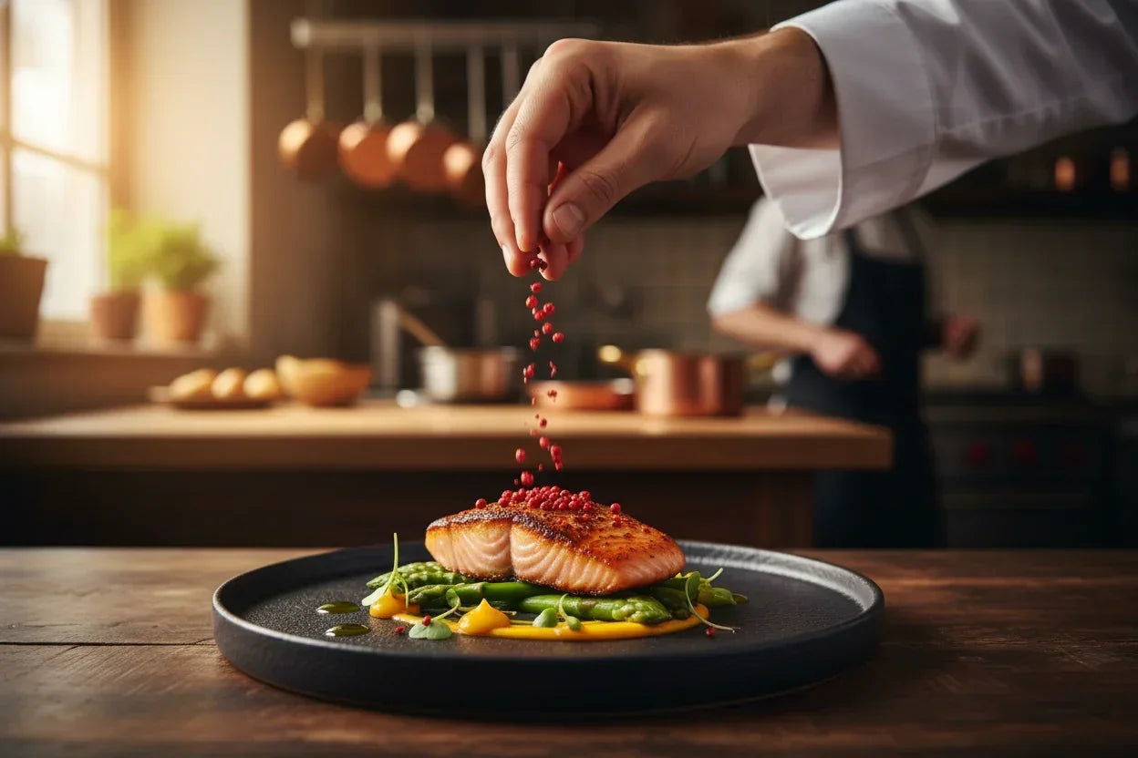 Chef garnishing seared salmon with Kampot peppercorns over asparagus and puree in a rustic kitchen