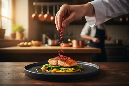 Chef garnishing seared salmon with Kampot peppercorns over asparagus and puree in a rustic kitchen