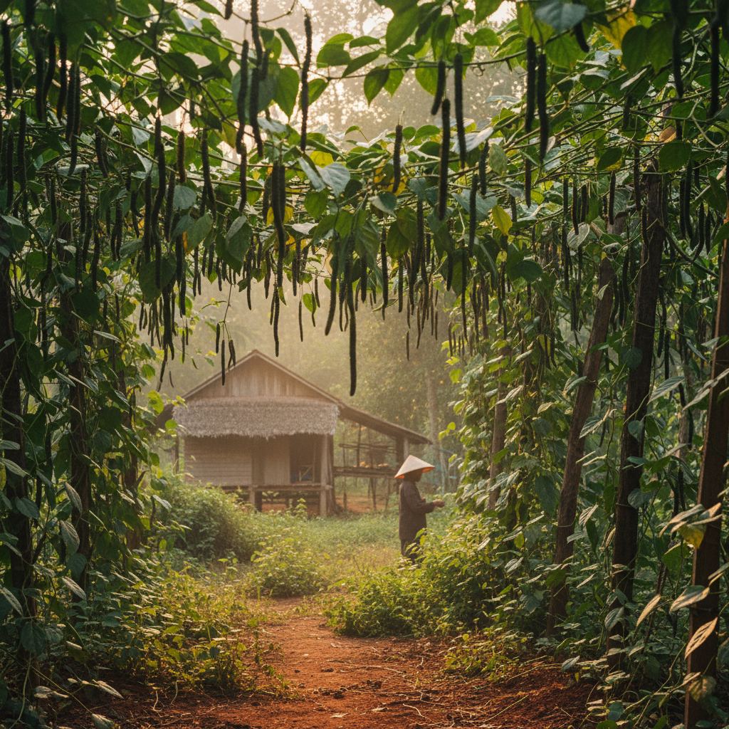 Long pepper vines growing in rural Cambodia farm golden hour sunlight