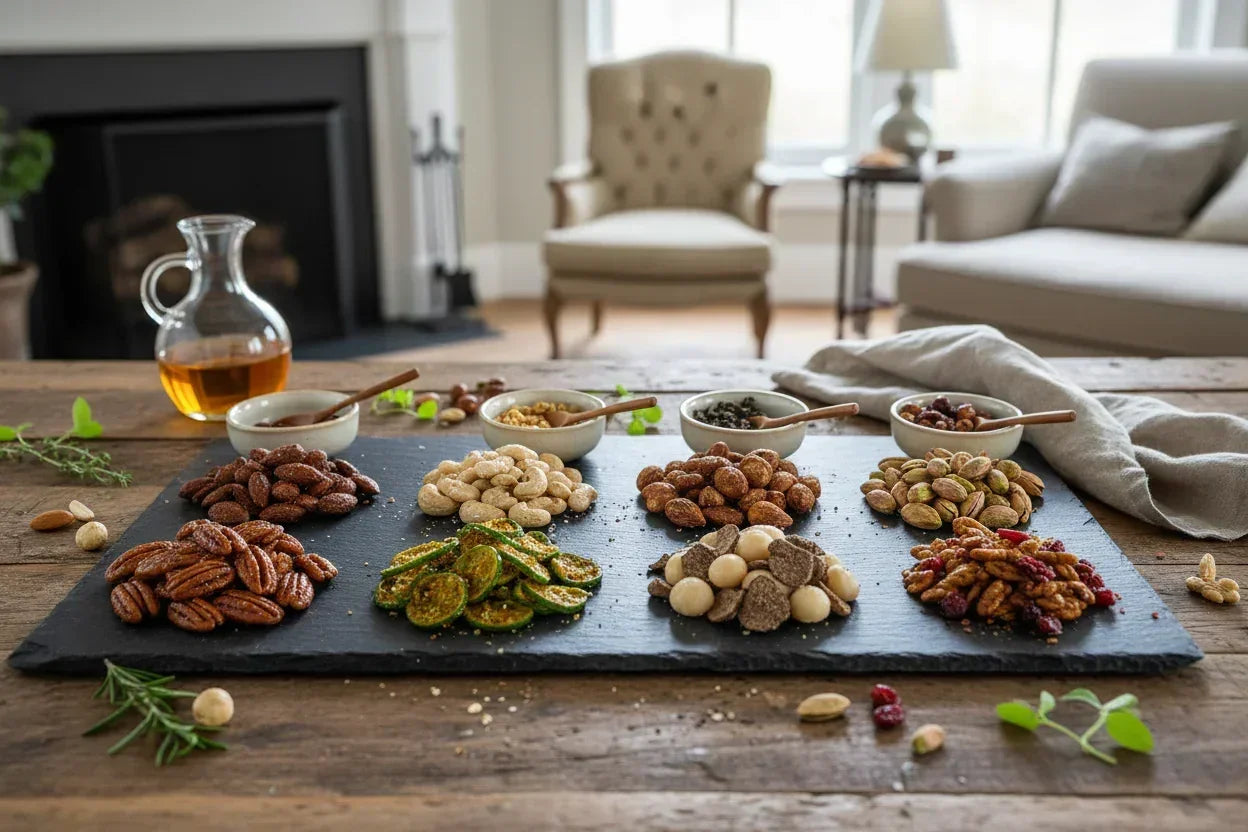 Variety of seasoned nuts and snacks on a slate tray with small bowls of spices and a glass jug in a cozy living room setting