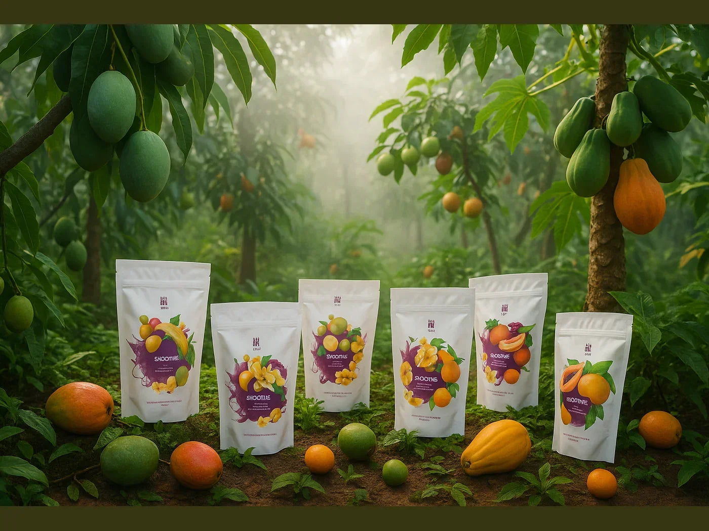 Assorted dried fruit pouches displayed in a tropical orchard with fresh mangoes and papayas