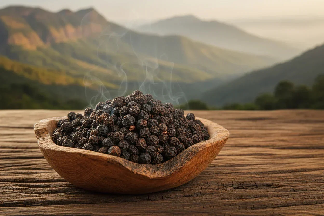 Steaming black peppercorns in wooden bowl on rustic table, mountains in background