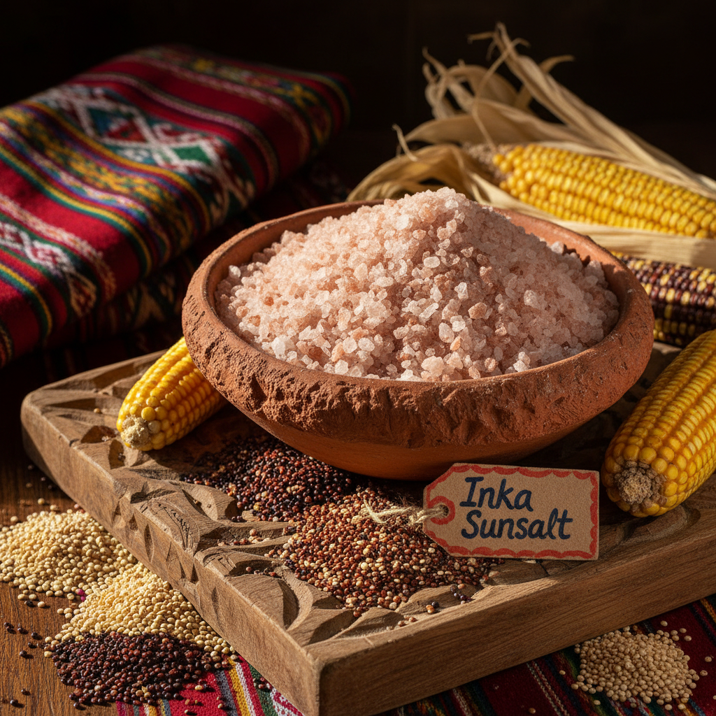 Inka Sunsalt coarse Peruvian pink salt in terracotta bowl on wooden board with Andean quinoa and dried corn