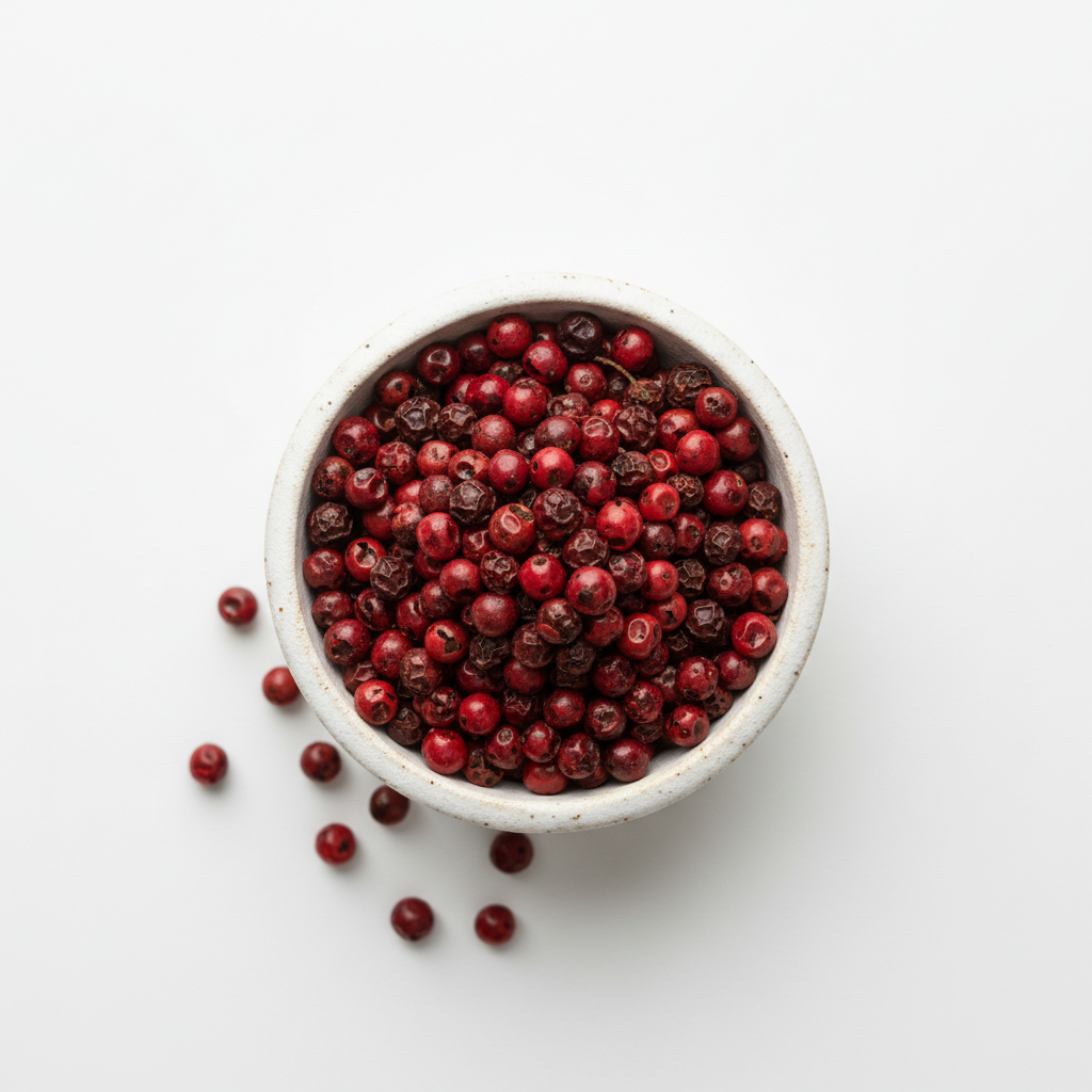 Organic Kampot red peppercorns in a small ceramic bowl showing deep red and burgundy hues and round glossy texture