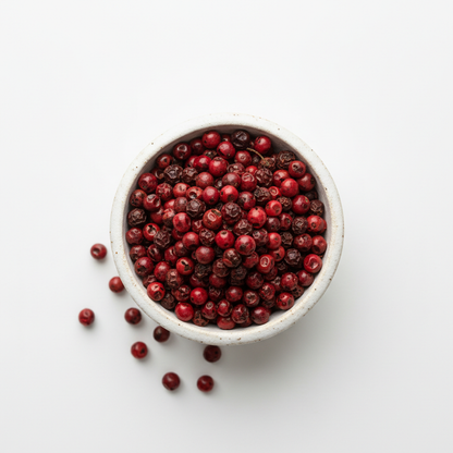 Organic Kampot red peppercorns in a small ceramic bowl showing deep red and burgundy hues and round glossy texture