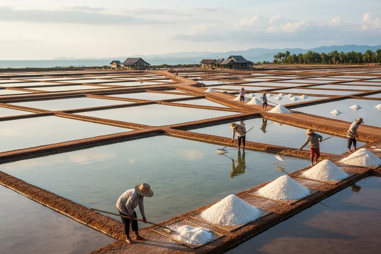 Workers harvesting salt in traditional salt fields near the sea at sunset