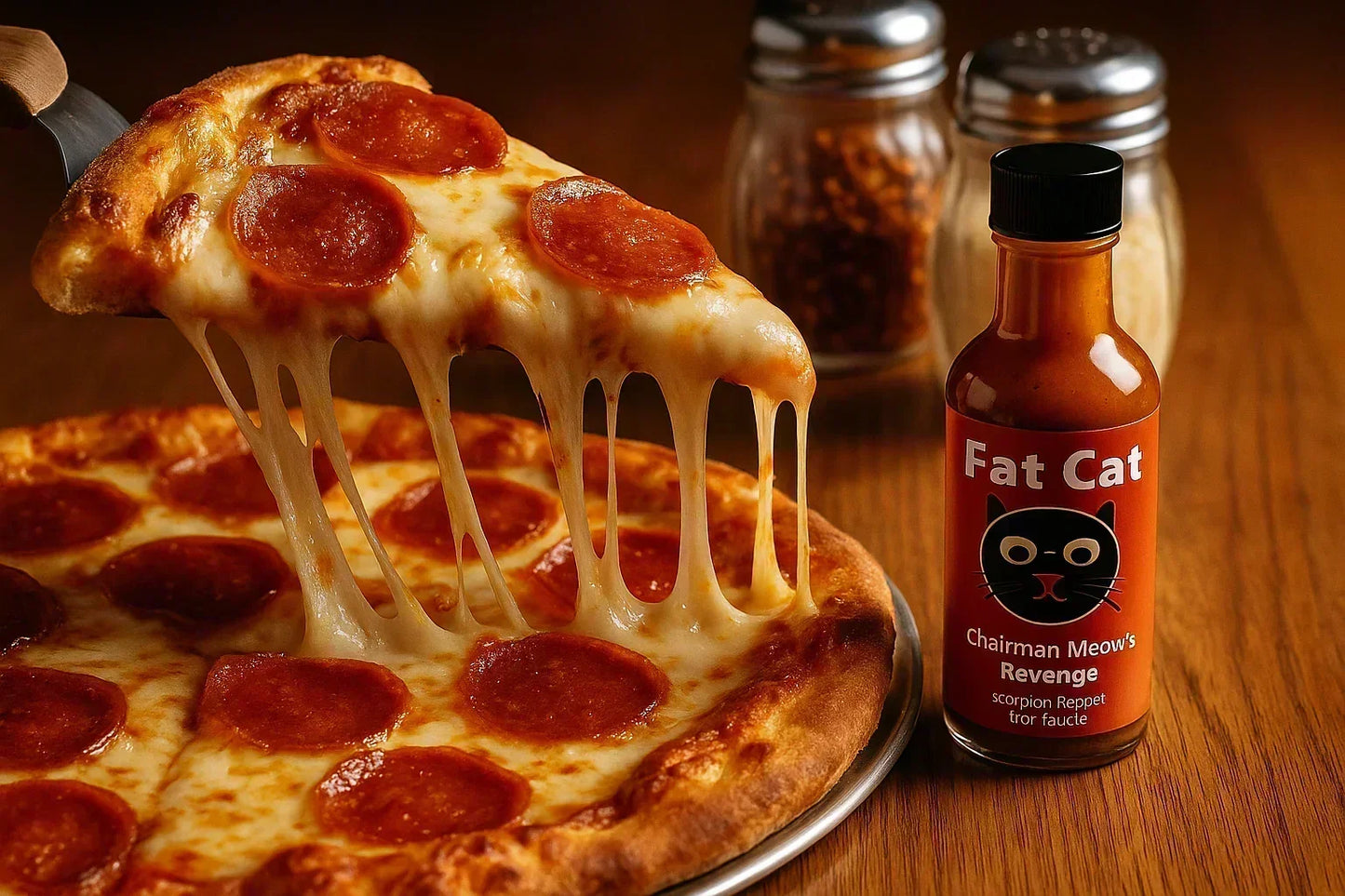 Pepperoni pizza slice with melting cheese next to hot sauce bottle and seasoning jars