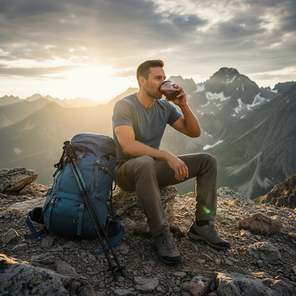 Hiker on mountain summit enjoying Chocolate Royale freeze-dried protein shake with panoramic mountain view and golden afternoon light