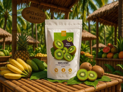 100% kiwi freeze-dried fruit snack pouch with fresh kiwi, bananas, and pineapple on a tropical market table