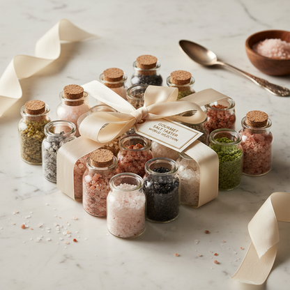 Gourmet Salt Tester set of 19 jars as luxury gift wrapped with ribbon on white marble surface