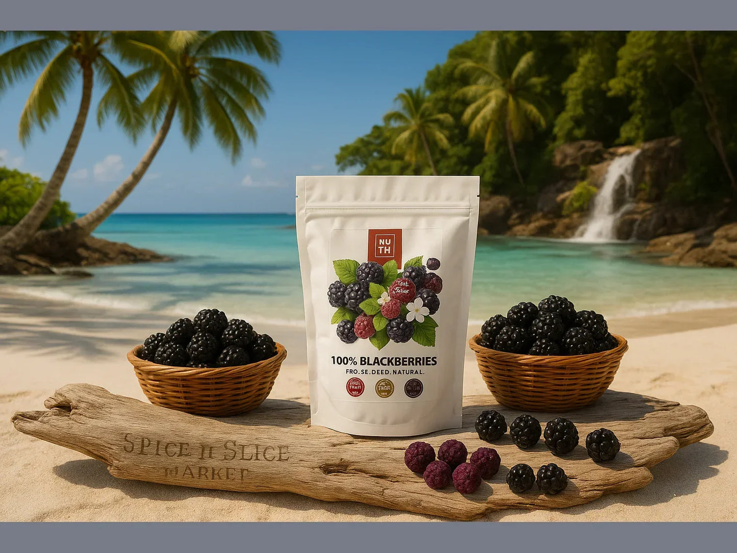 Dried blackberries in a pouch with fresh blackberries on a tropical beach background
