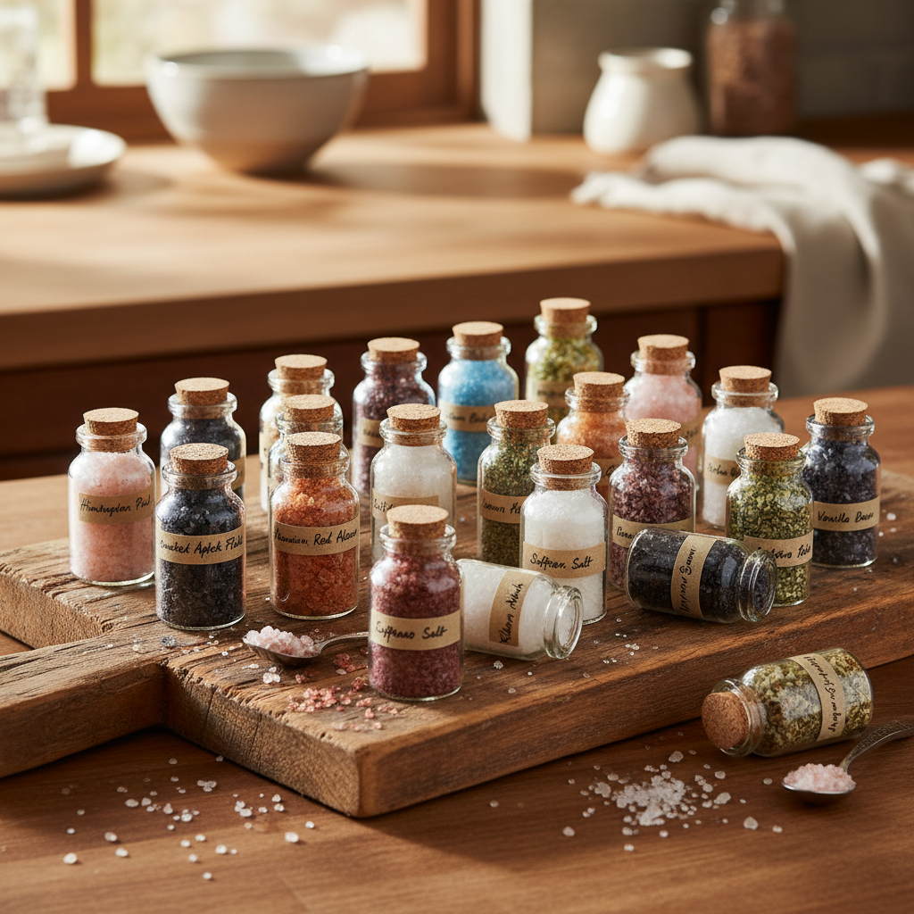Gourmet Salt Tester set of 19 small sample jars arranged on rustic wooden board showing colorful artisan salts