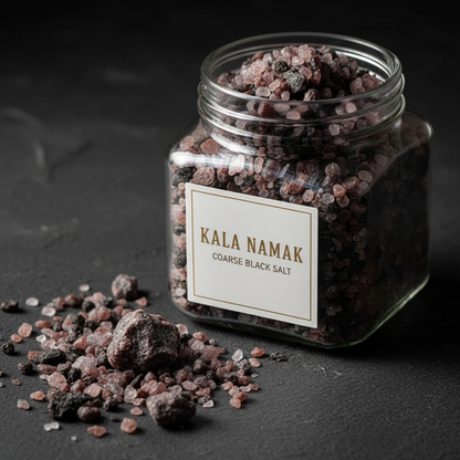 Kala Namak coarse black salt crystals macro close-up showing dark purple-black mineral colour