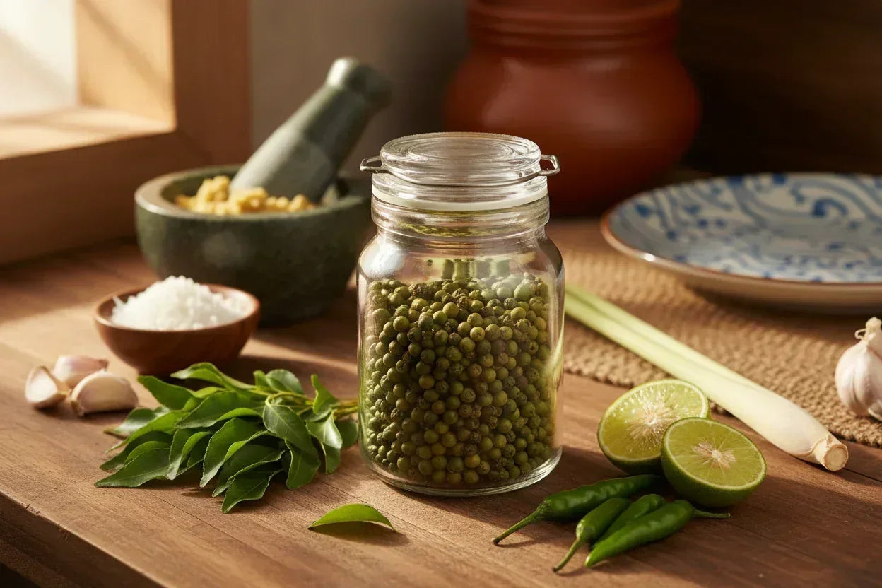 Jar of Kampot green peppercorns with fresh herbs, garlic, lime, chilis, and lemongrass on a wooden table