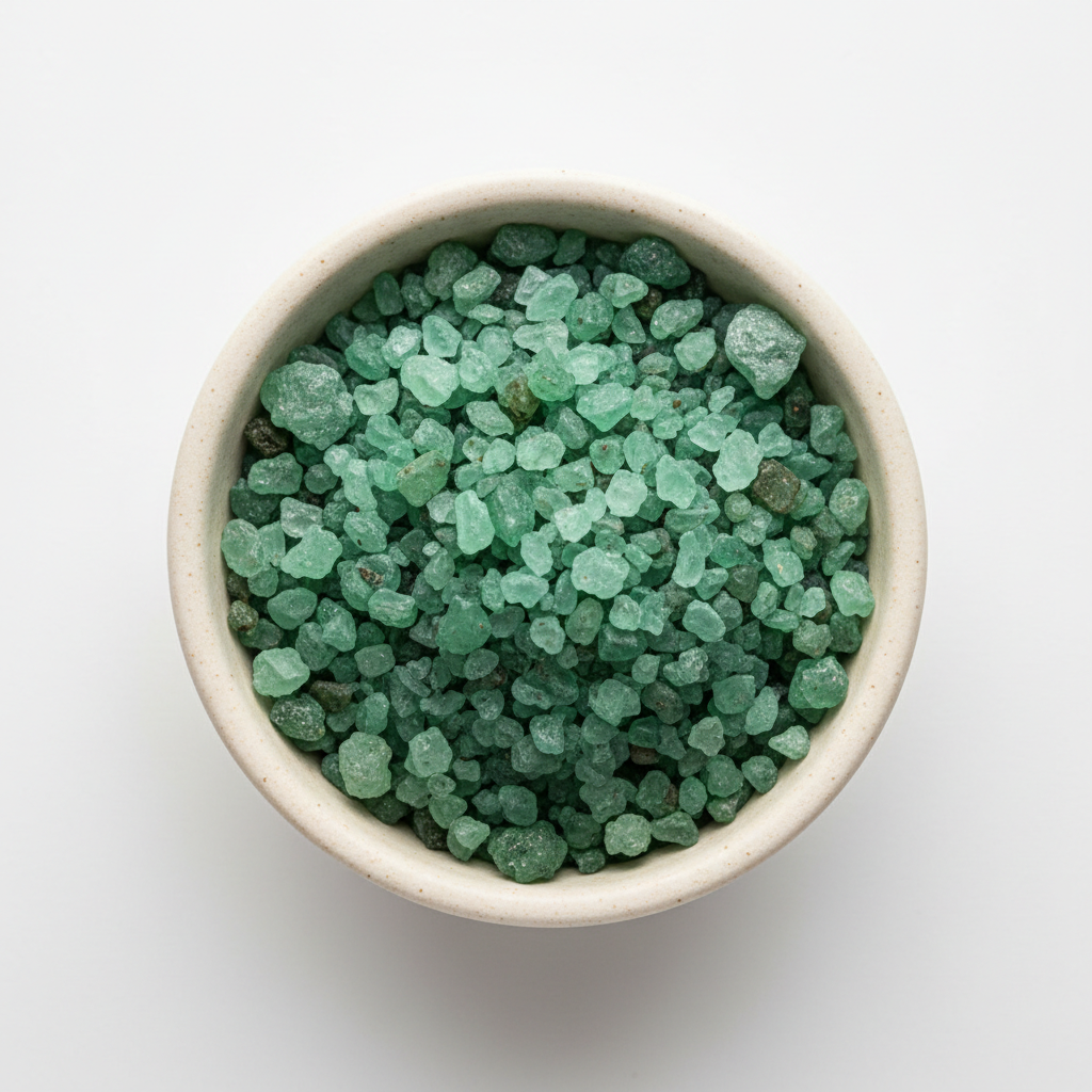 Bamboo Jade Coarse Salt in ceramic bowl showing distinctive jade-green crystal color