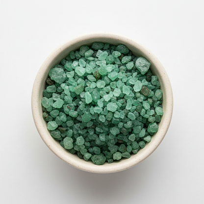 Bamboo Jade Coarse Salt in ceramic bowl showing distinctive jade-green crystal color