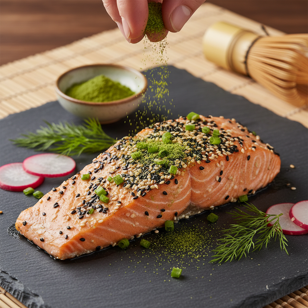 Matcha Gourmet Salt sprinkled over grilled salmon with sesame seeds and green onions