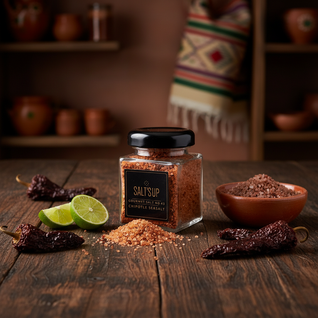 CHIPOTLE gourmet salt jar in rustic Mexican kitchen scene with dried chipotle peppers and lime wedges