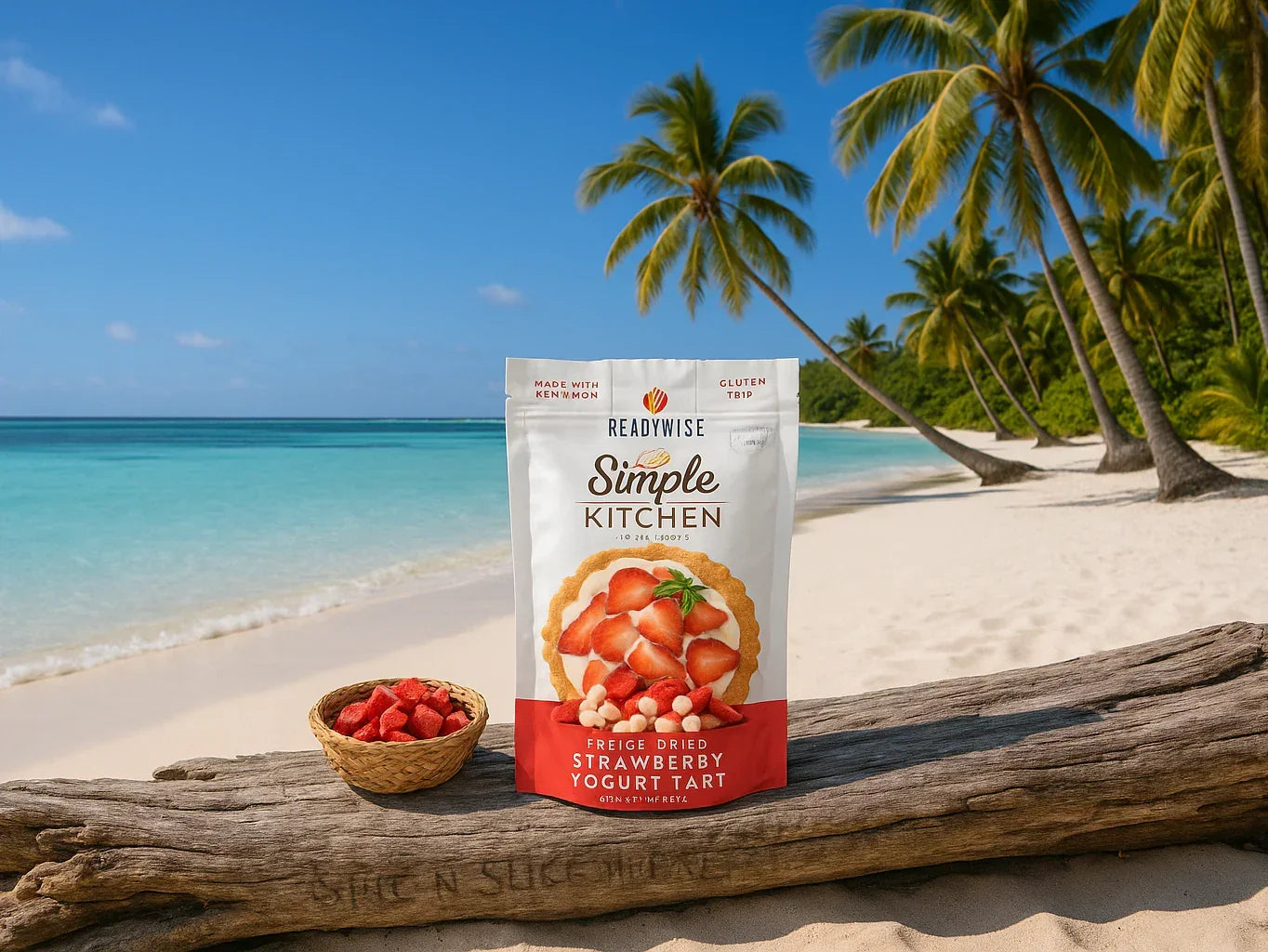 Freeze-dried strawberry yogurt tart snack pack and bowl on driftwood at tropical beach.