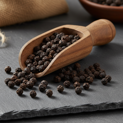 Kampot black pepper PGI peppercorns scattered on dark slate with wooden scoop