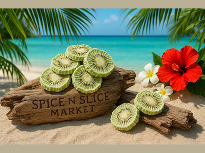 Dried kiwi fruit slices on driftwood with tropical flowers and beach in background