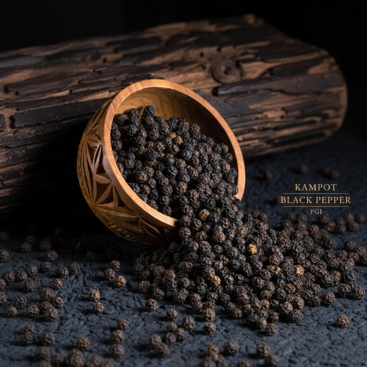 Kampot black pepper PGI peppercorns spilling from carved wooden bowl on dark slate