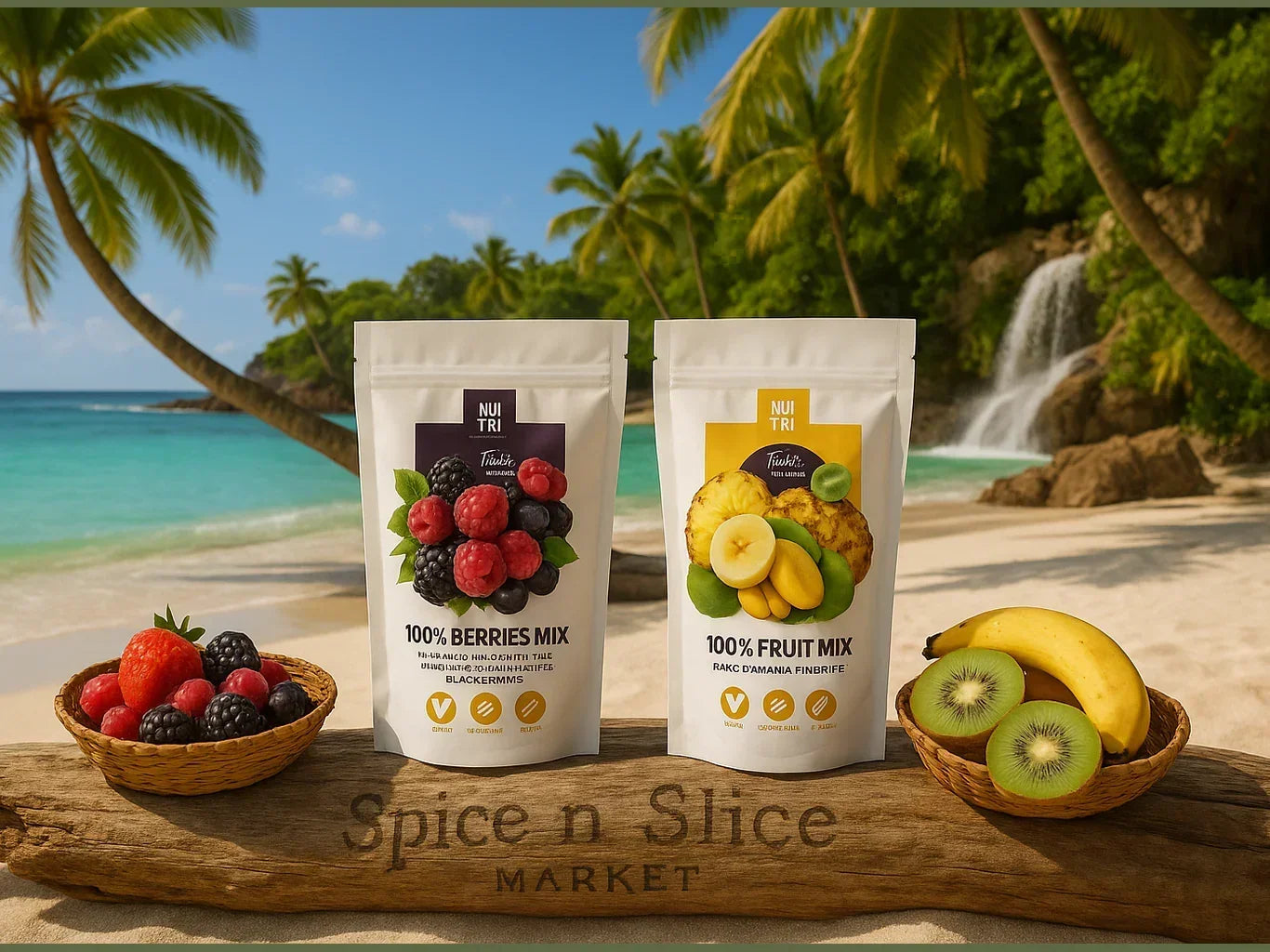 Tropical beach scene with 100% berries mix and fruit mix dried fruit packs, fresh berries, bananas, and kiwis.