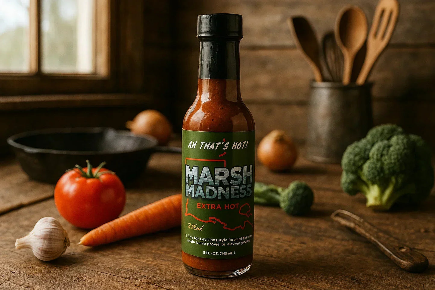 Marsh Madness extra hot sauce bottle on rustic kitchen table with fresh vegetables