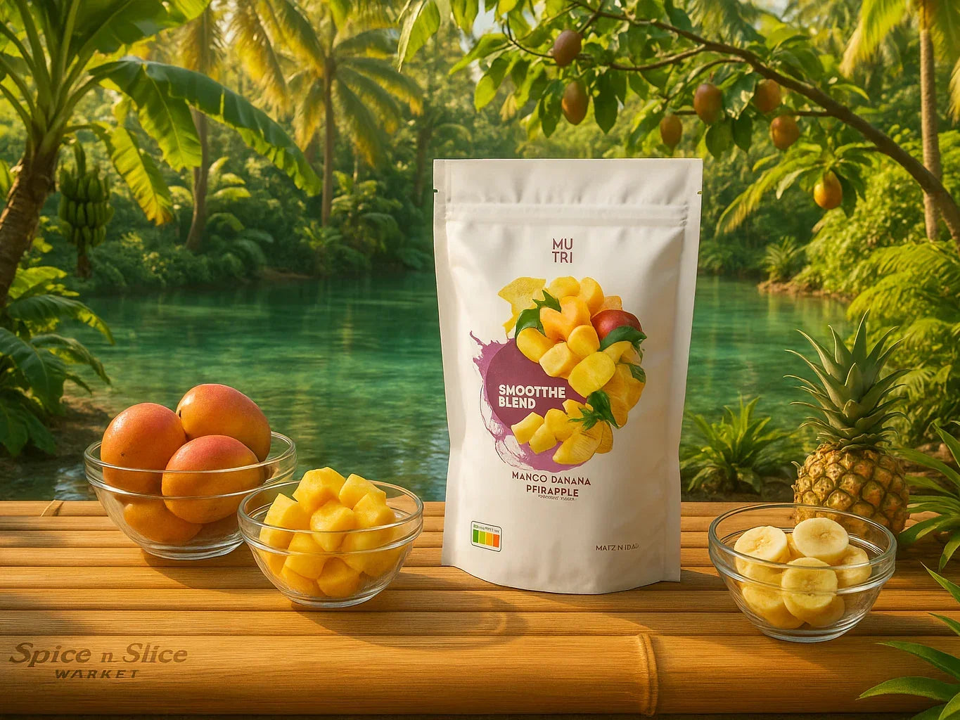Tropical smoothie blend packaging with fresh mango, pineapple, and banana on a bamboo table by a lush river