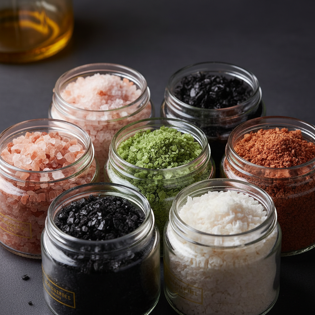 Open gourmet salt tester jars showing stunning variety of colorful artisan salts in pink black green red and white