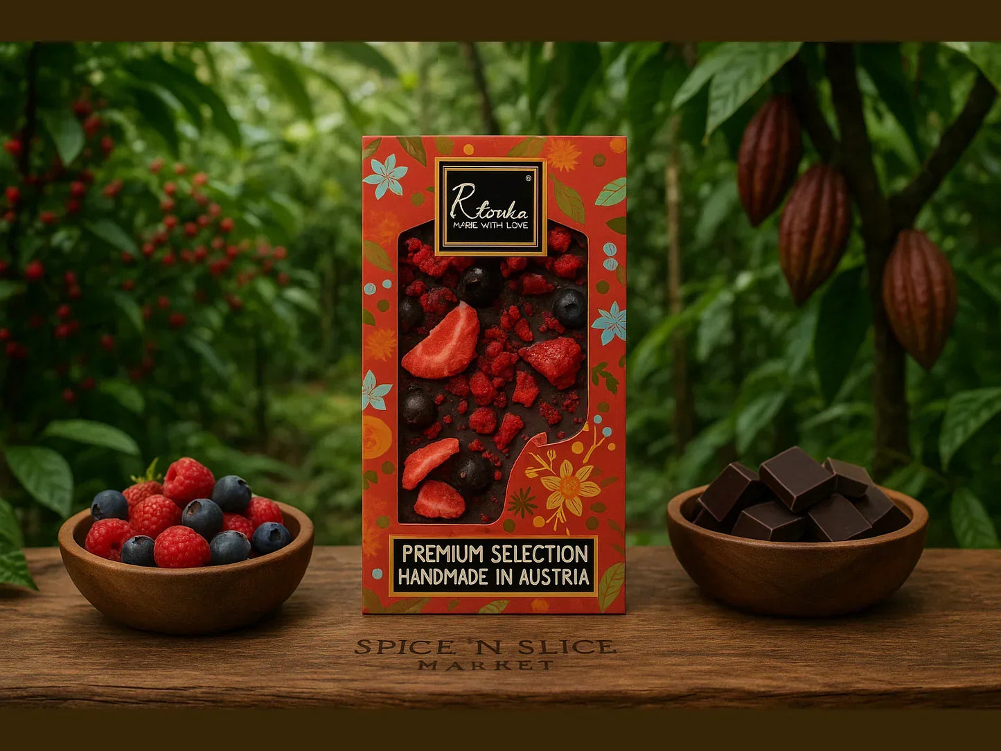 Handmade Austrian chocolate bar with dried berries, fresh berries, dark chocolate pieces, and cacao pods in a lush garden setting.