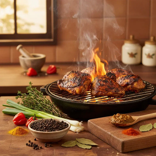 Grilled chicken thighs with pepper, spices, hot peppers, and herbs on a rustic kitchen counter