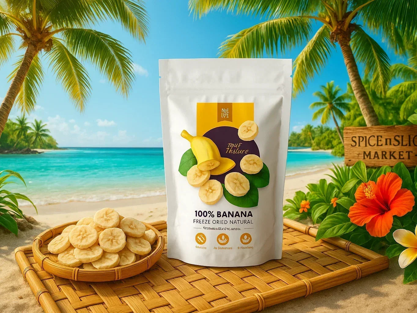 Freeze-dried banana slices in a pouch on a tropical beach with palm trees and flowers