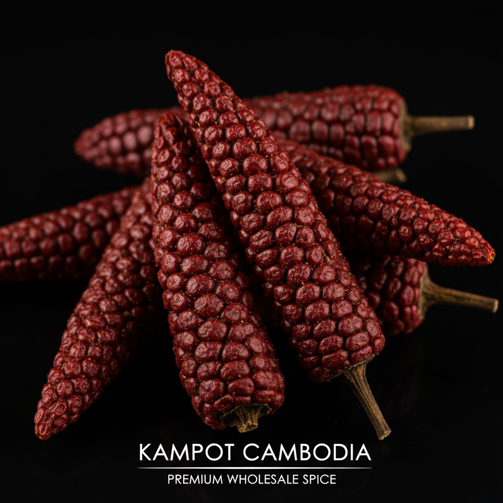 Red long pepper macro close up deep burgundy elongated spikes on black background