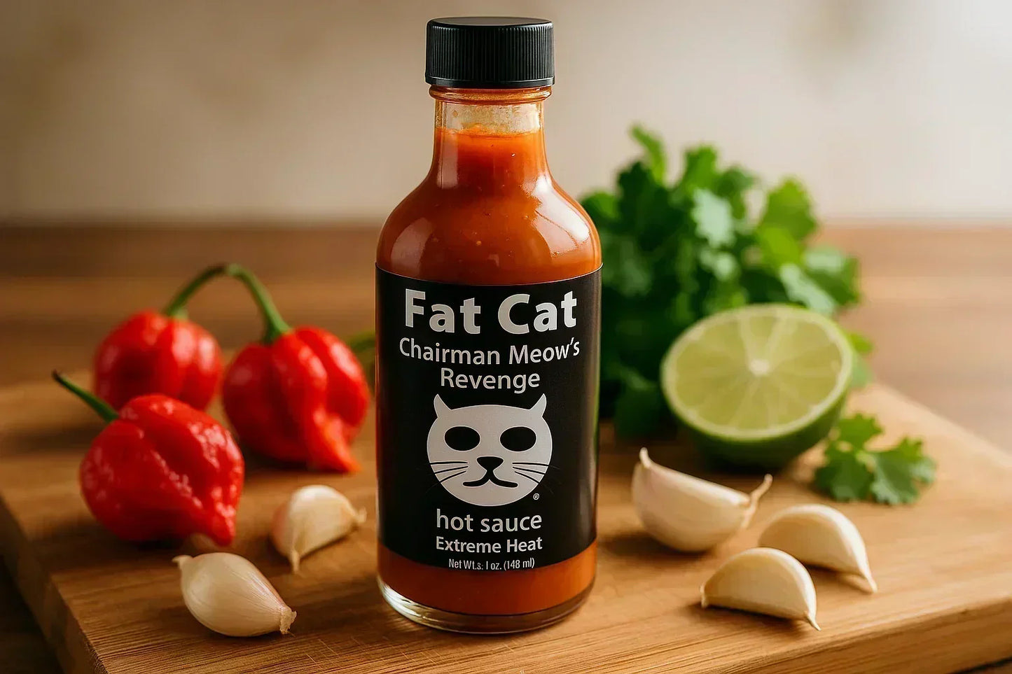 Bottle of Fat Cat hot sauce with habanero peppers, garlic, lime, and cilantro on a wooden board