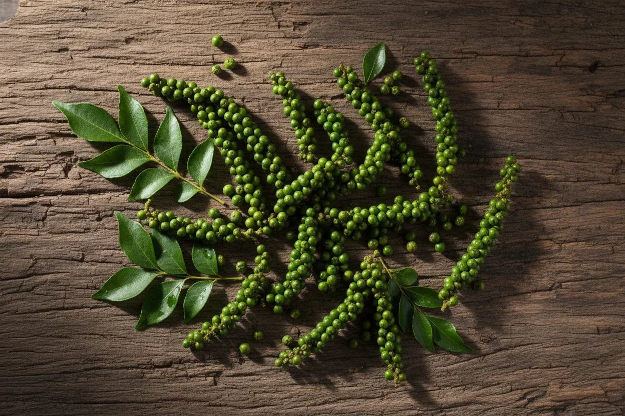 Fresh green Kampot peppercorns with leaves on rustic wooden background