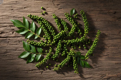 Fresh green Kampot peppercorns with leaves on rustic wooden background