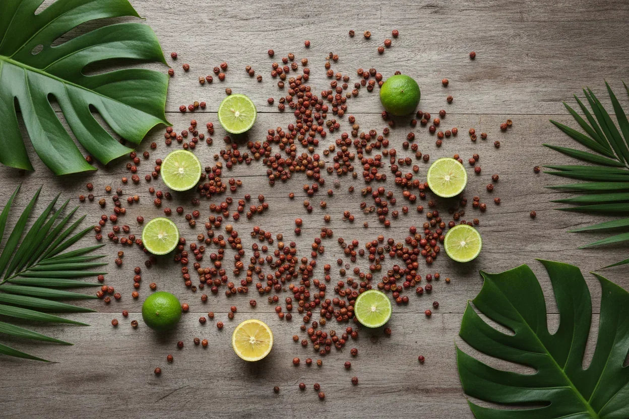 Limes and dried peppercorns on wooden table with tropical green leaves, food flat lay