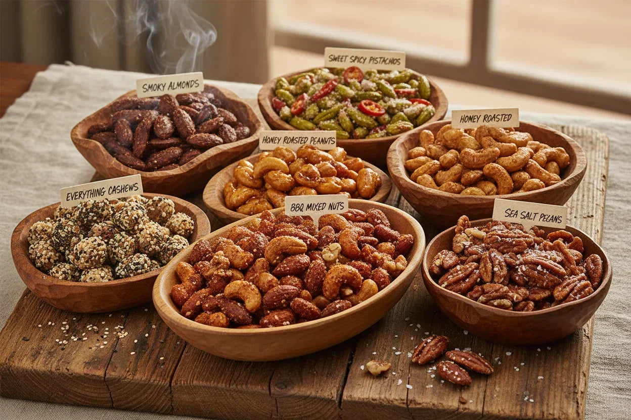 Assorted wooden bowls of smoked, honey roasted, and spicy nuts including almonds, cashews, peanuts, pistachios, and pecans