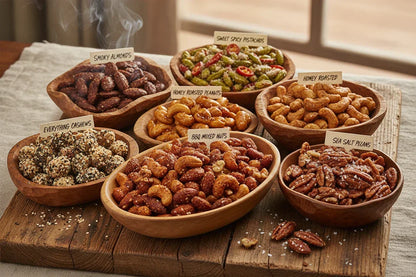 Assorted wooden bowls of smoked, honey roasted, and spicy nuts including almonds, cashews, peanuts, pistachios, and pecans