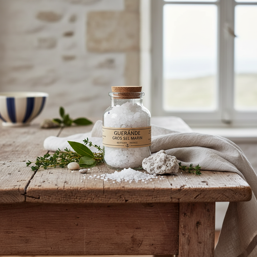 Guerande coarse salt jar in rustic French coastal kitchen with thyme and bay leaves