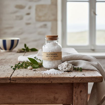 Guerande coarse salt jar in rustic French coastal kitchen with thyme and bay leaves