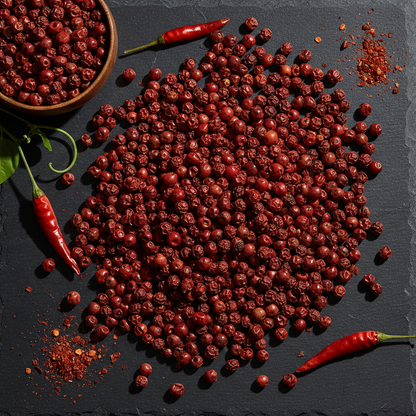 Organic Kampot red peppercorns overhead hero shot on dark slate surface showing rich deep red color and glossy texture