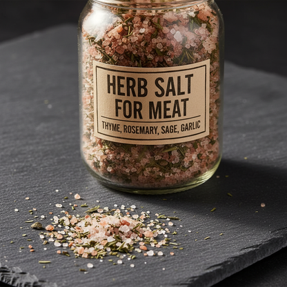 Herb salt meat seasoning crystals macro close-up with green herb flecks on dark slate