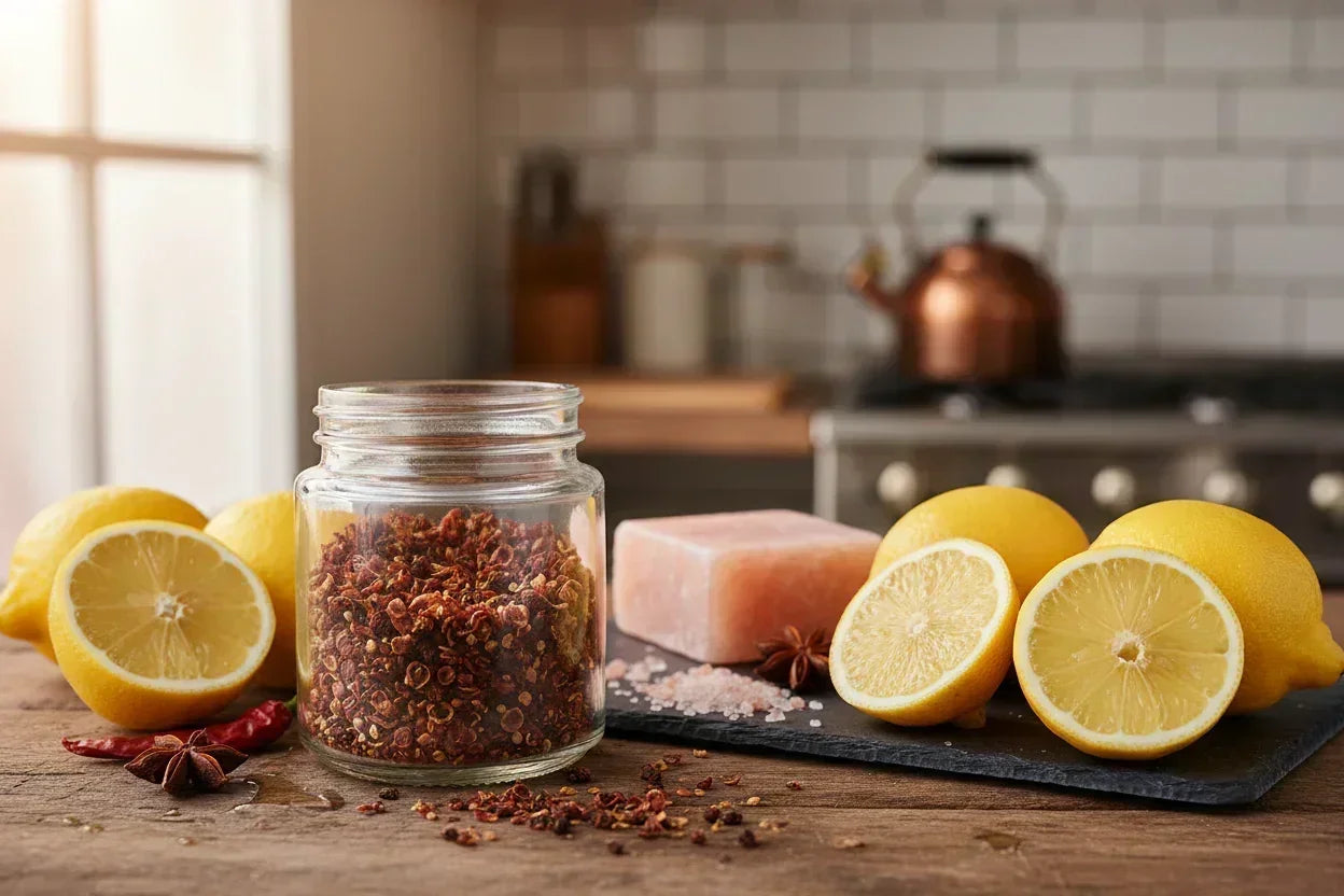 Jar of dried peppercorns, lemons, pink Himalayan salt, chili and star anise on kitchen counter