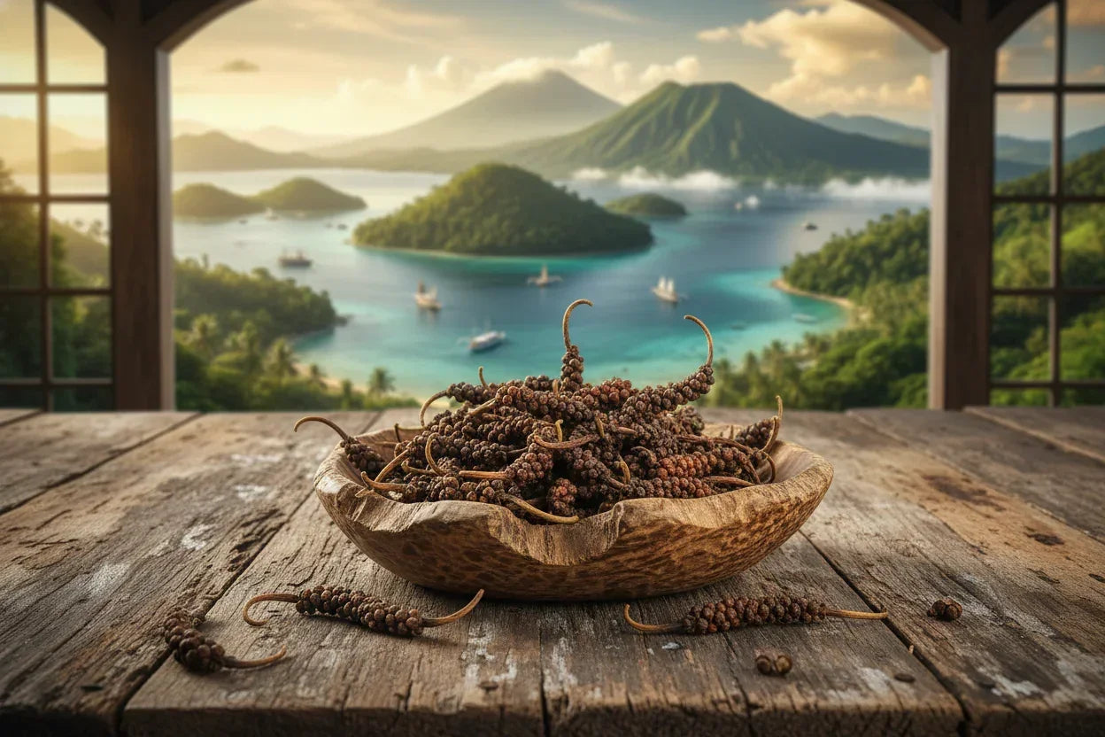 Bowl of authentic Kampot pepper on rustic table, tropical island view in background