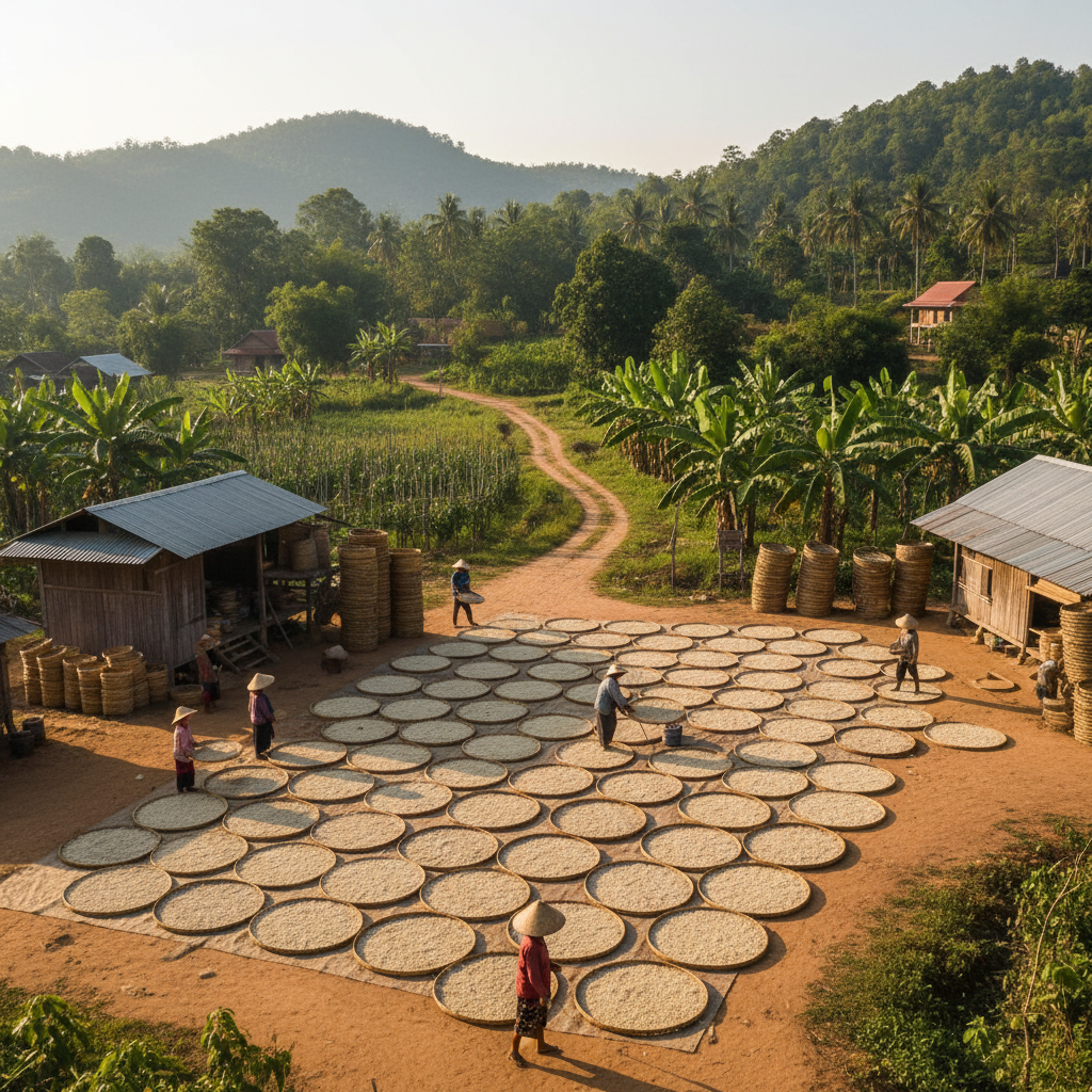 Kampot white pepper drying on bamboo mats rural Cambodia farm