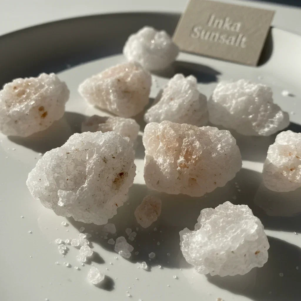 Close-up of coarse Inka sun salt crystals with natural mineral texture on a white plate.